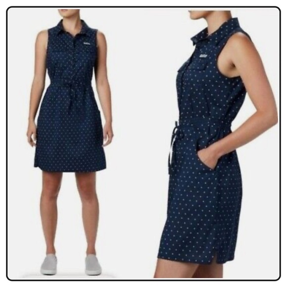 Columbia Dresses & Skirts - Columbia PFG Super Bonehead Stretch Sleeveless Dress Navy Swiss Dot size M
